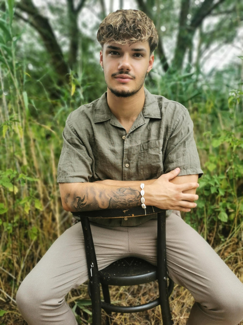 Leinen Kurzarm Hemd khaki - Fil Noir