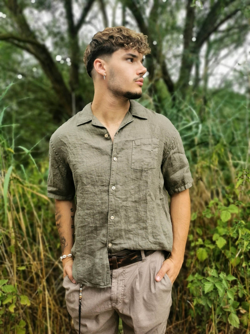 Leinen Kurzarm Hemd khaki - Fil Noir